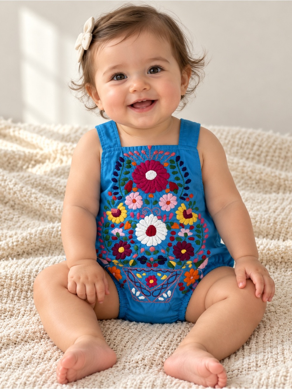 La Morenita Imports Baby Romper Girls 6–12M Blue Floral Embroidered